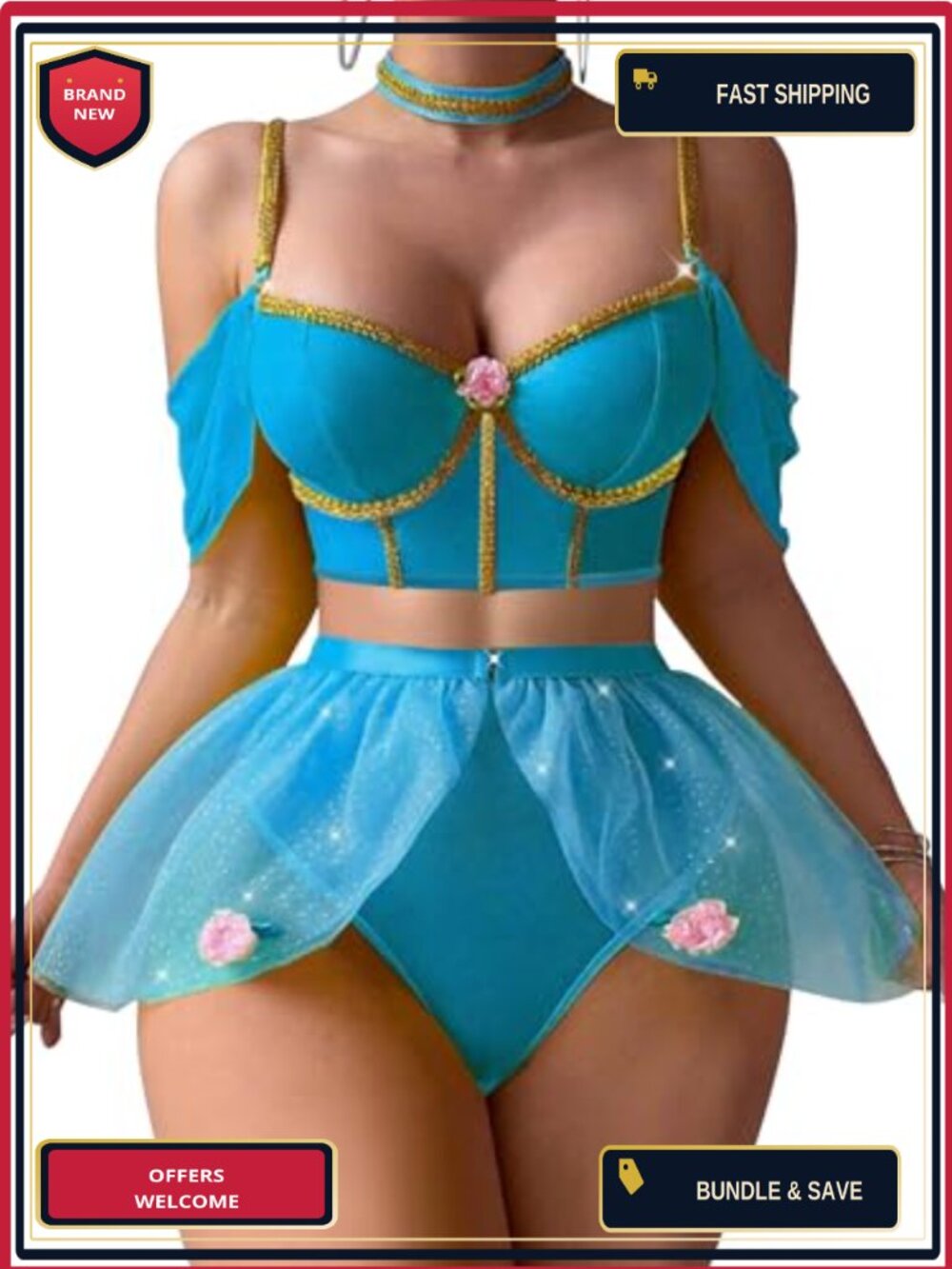 Princess Cosplay Lingerie Set 4 Piece with Bra Panty Choker Halloween